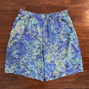 Lululemon Mens Pace Breaker Shorts, Bright Blue and Green pattern, 9" inseam